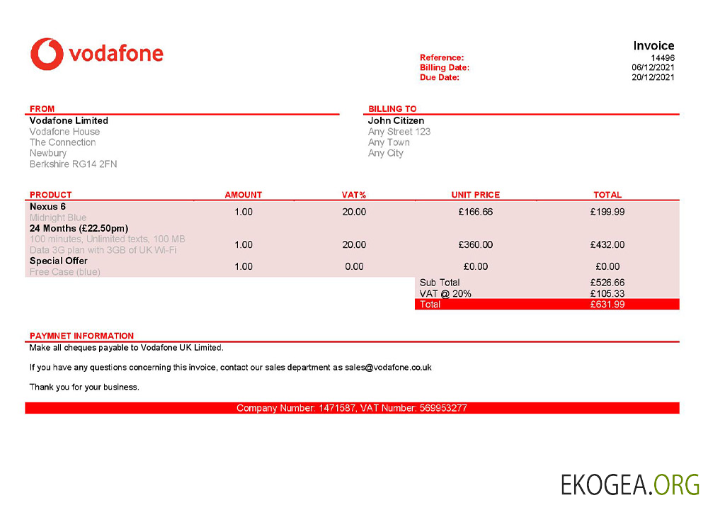 Modèle de facture Vodafone aux États , Unis